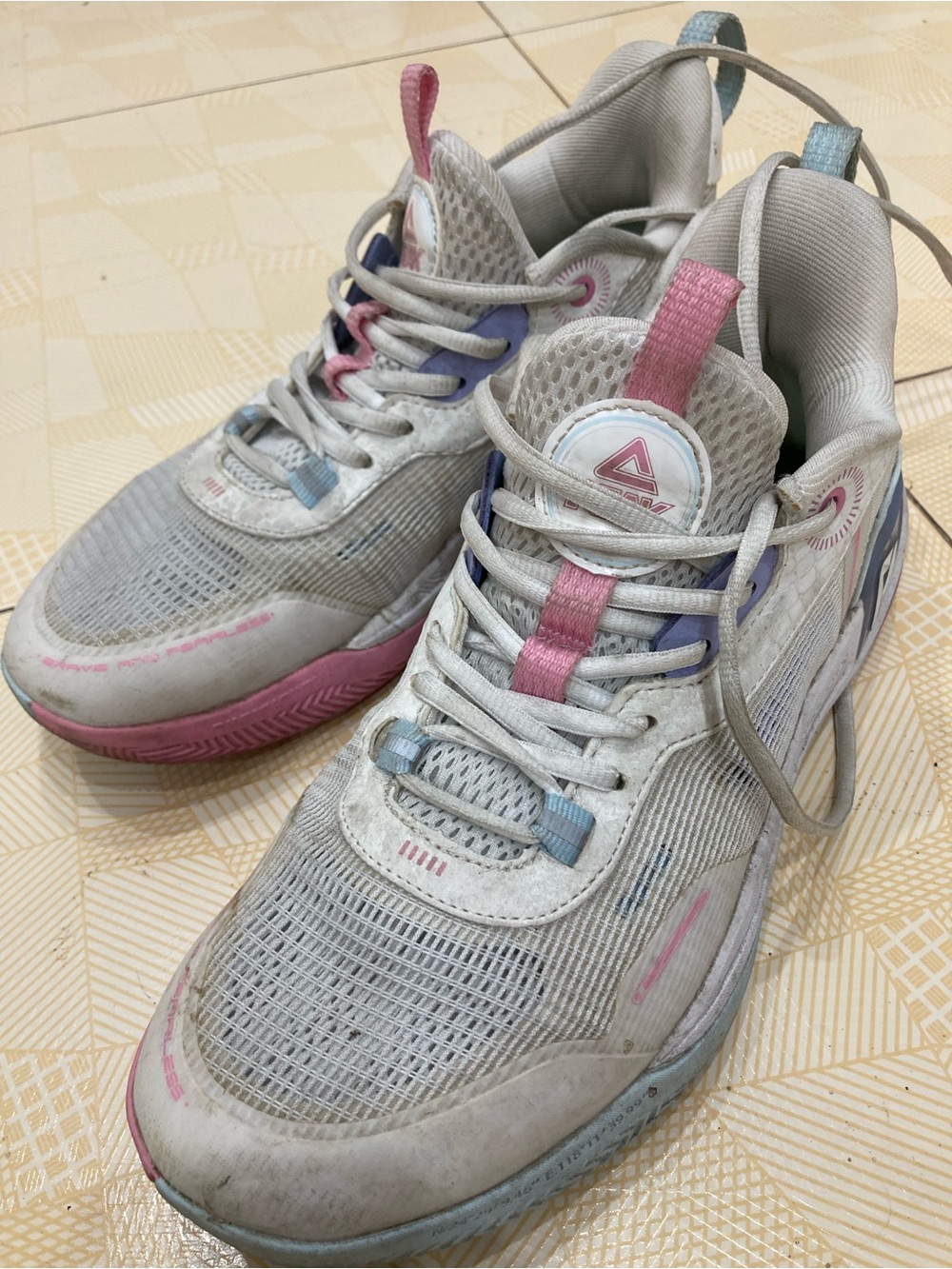 Lightweight White Athletic Sneakers with Pink & Light Blue Accents